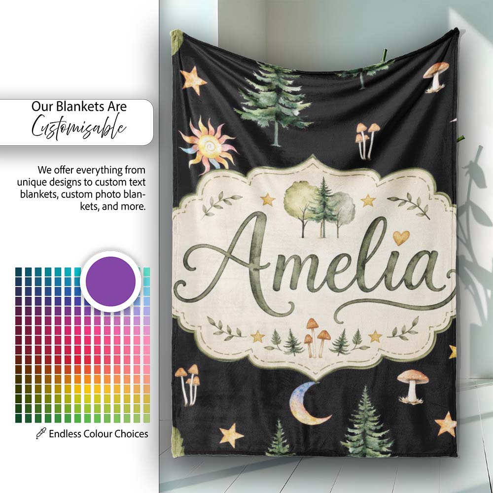 Watercolor Forest Trees Mushrooms Sun Moon Stars Seamless Pattern Personalised Custom Name Super Soft Fleece Blanket Bed Sofa Throw