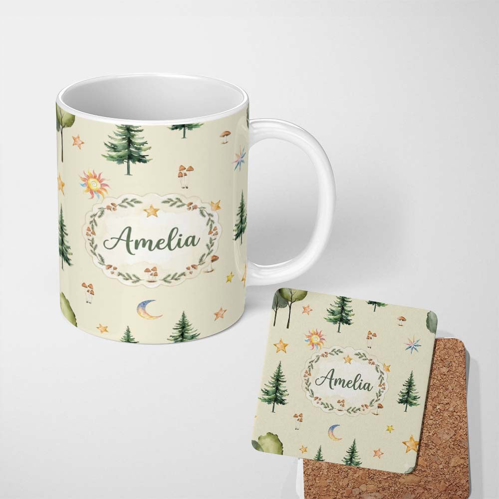 Personalized Custom Name Watercolor Forest Trees Mushrooms Sun Moon Stars Seamless Pattern 11oz Ceramic Coffee Tea Mug White Large Handle