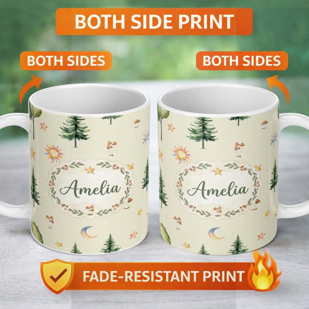 Personalized Custom Name Watercolor Forest Trees Mushrooms Sun Moon Stars Seamless Pattern 11oz Ceramic Coffee Tea Mug White Large Handle