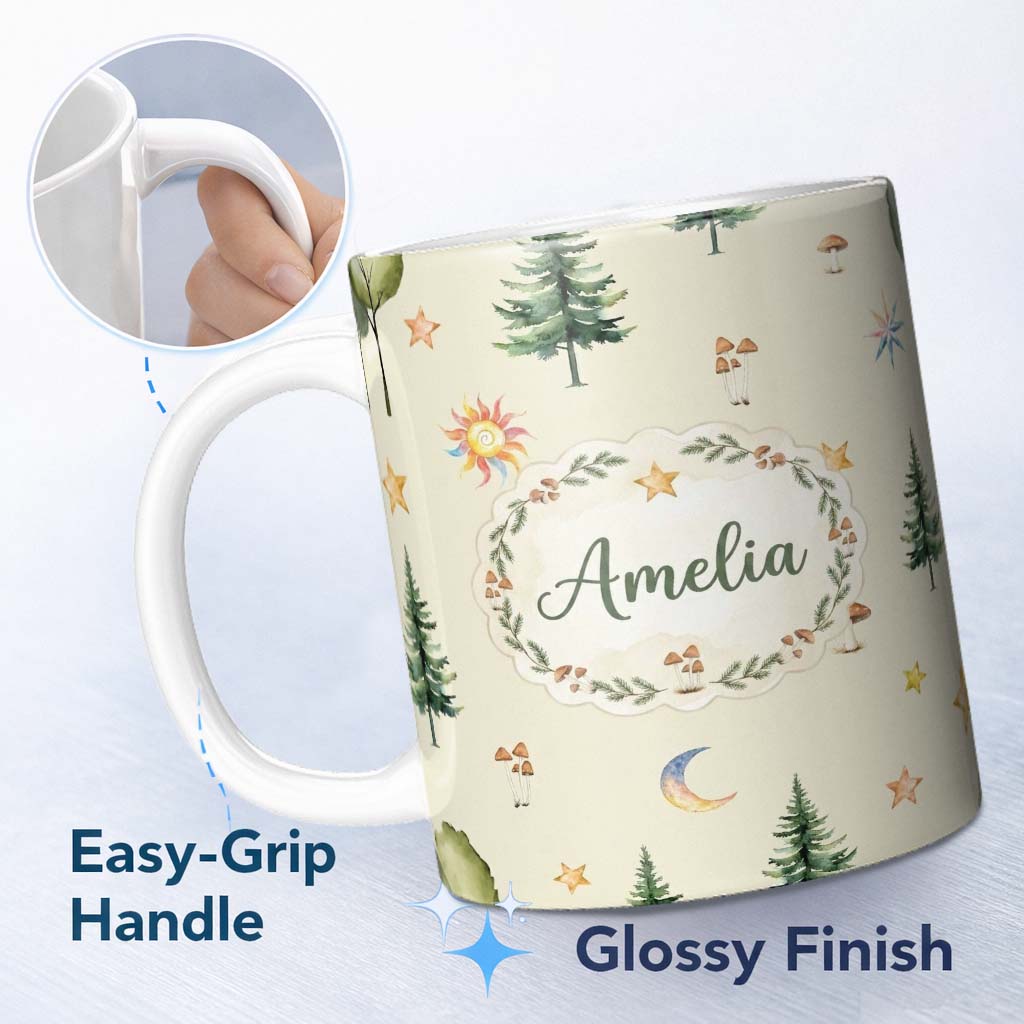 Personalized Custom Name Watercolor Forest Trees Mushrooms Sun Moon Stars Seamless Pattern 11oz Ceramic Coffee Tea Mug White Large Handle