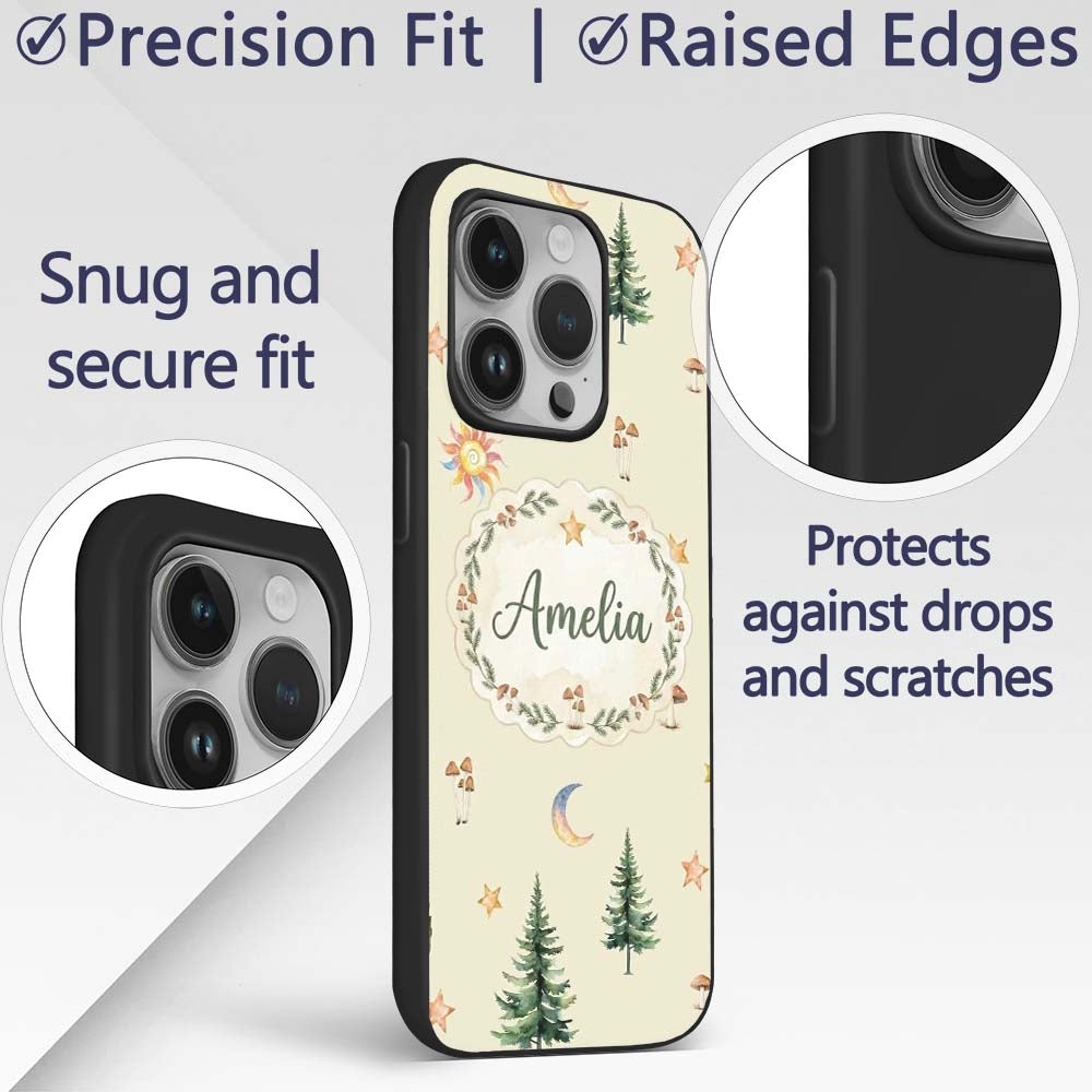 Watercolor Forest Trees Mushrooms Sun Moon Stars Custom Name Protective Phone Case Mobile Cover Durable Everyday Smartphone Shock Resistant