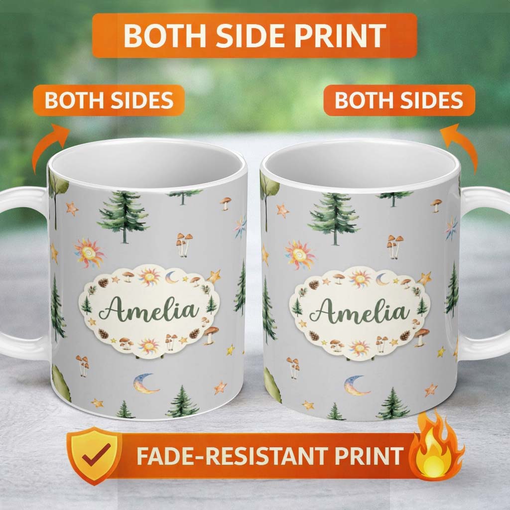 Personalized Custom Name Watercolor Forest Trees Mushrooms Sun Moon Stars Seamless Pattern 11oz Ceramic Coffee Tea Mug White Large Handle