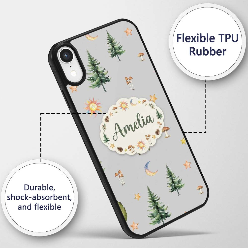Watercolor Forest Trees Mushrooms Sun Moon Stars Custom Name Protective Phone Case Mobile Cover Durable Everyday Smartphone Shock Resistant