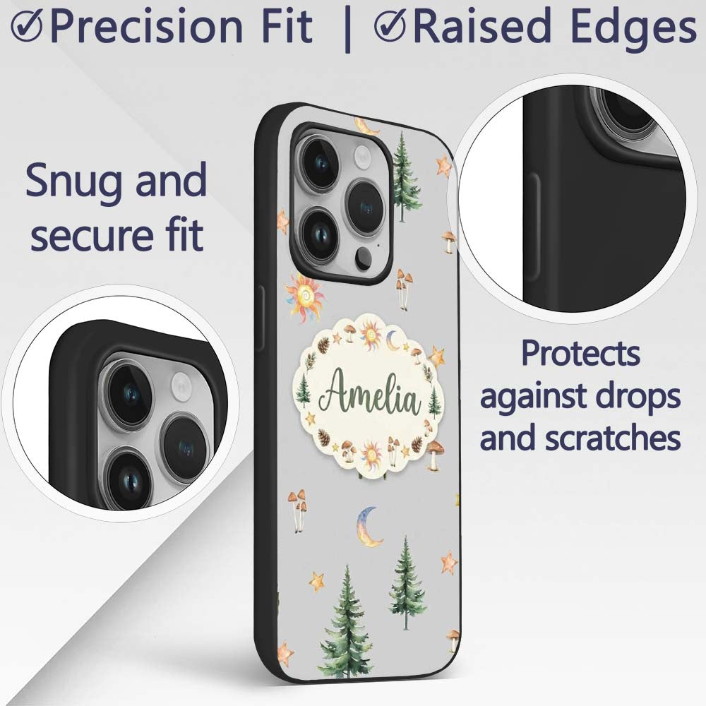 Watercolor Forest Trees Mushrooms Sun Moon Stars Custom Name Protective Phone Case Mobile Cover Durable Everyday Smartphone Shock Resistant