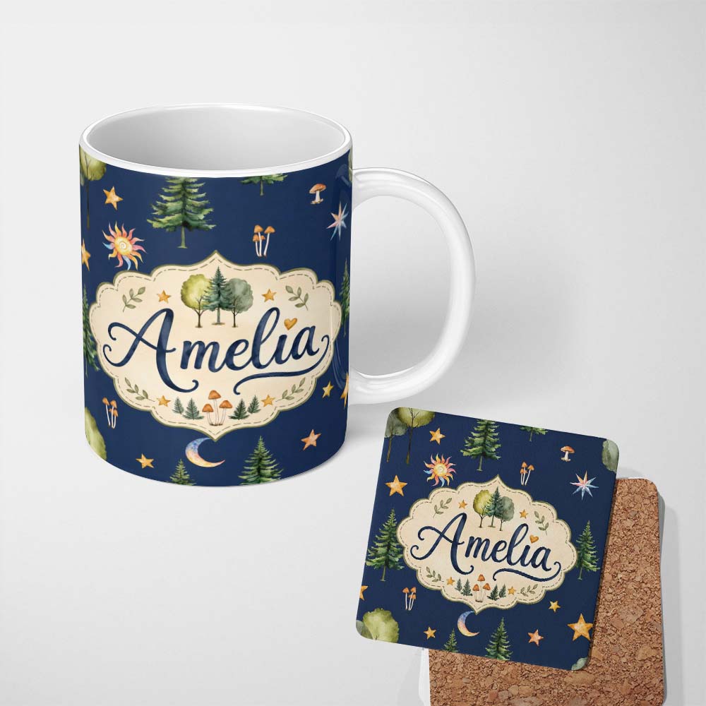 Personalized Custom Name Watercolor Forest Trees Mushrooms Sun Moon Stars Seamless Pattern 11oz Ceramic Coffee Tea Mug White Large Handle