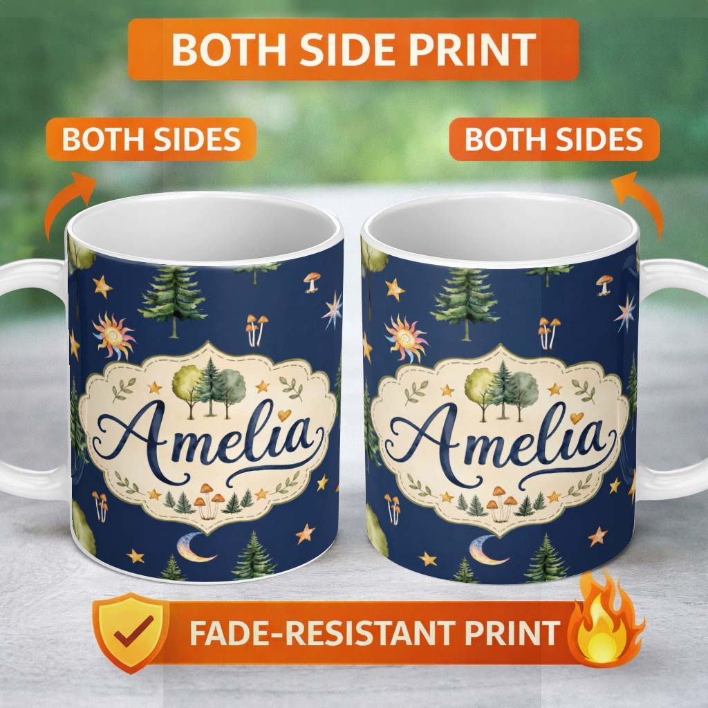 Personalized Custom Name Watercolor Forest Trees Mushrooms Sun Moon Stars Seamless Pattern 11oz Ceramic Coffee Tea Mug White Large Handle