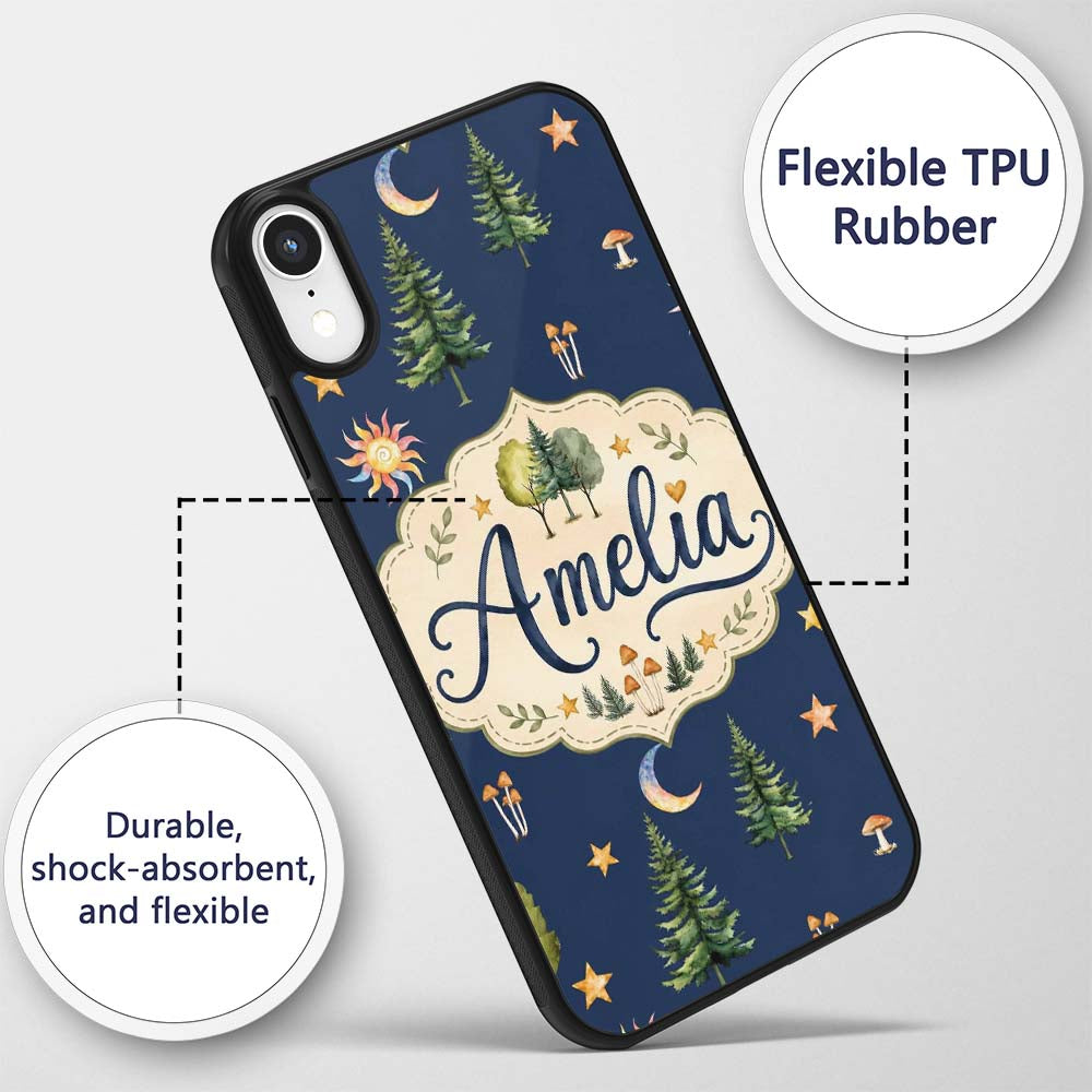 Watercolor Forest Trees Mushrooms Sun Moon Stars Custom Name Protective Phone Case Mobile Cover Durable Everyday Smartphone Shock Resistant