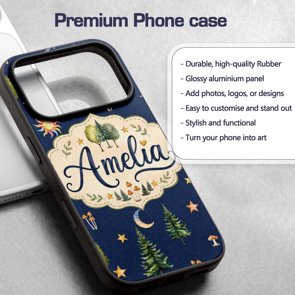 Watercolor Forest Trees Mushrooms Sun Moon Stars Custom Name Protective Phone Case Mobile Cover Durable Everyday Smartphone Shock Resistant