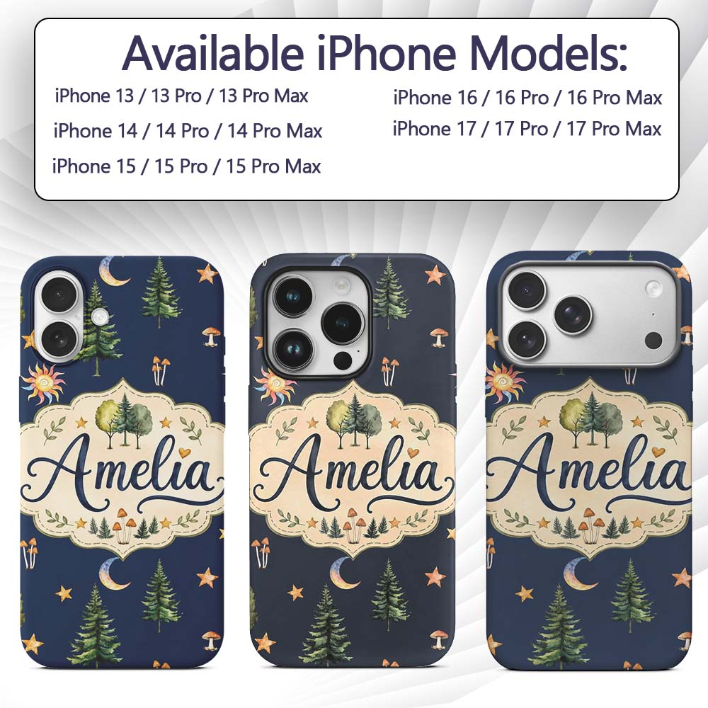 Watercolor Forest Trees Mushrooms Sun Moon Stars Custom Name Protective Phone Case Mobile Cover Durable Everyday Smartphone Shock Resistant