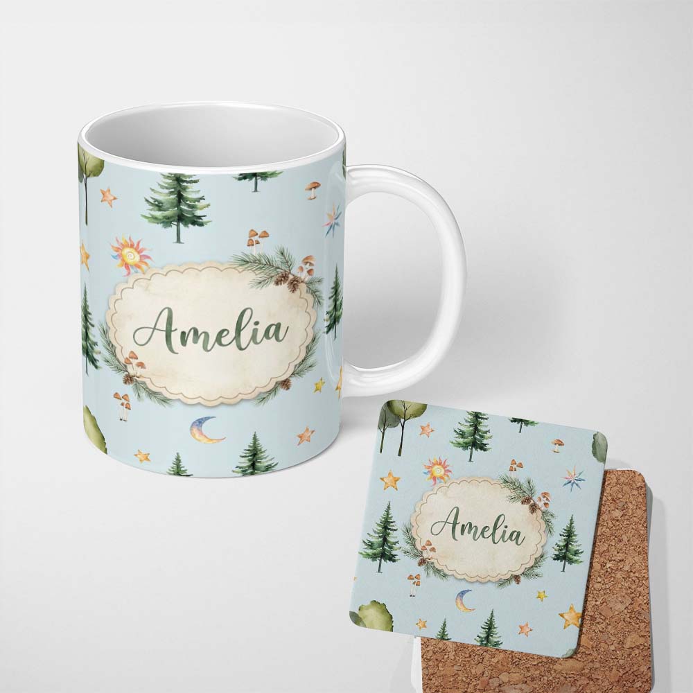 Personalized Custom Name Watercolor Forest Trees Mushrooms Sun Moon Stars Seamless Pattern 11oz Ceramic Coffee Tea Mug White Large Handle