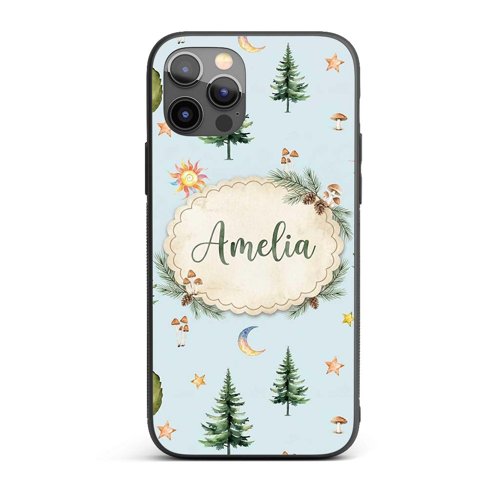 Watercolor Forest Trees Mushrooms Sun Moon Stars Custom Name Protective Phone Case Mobile Cover Durable Everyday Smartphone Shock Resistant