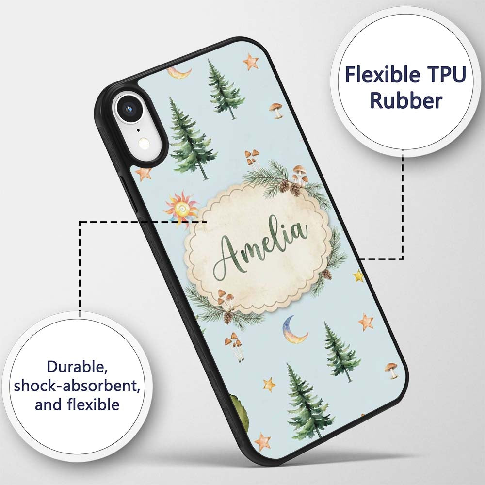 Watercolor Forest Trees Mushrooms Sun Moon Stars Custom Name Protective Phone Case Mobile Cover Durable Everyday Smartphone Shock Resistant