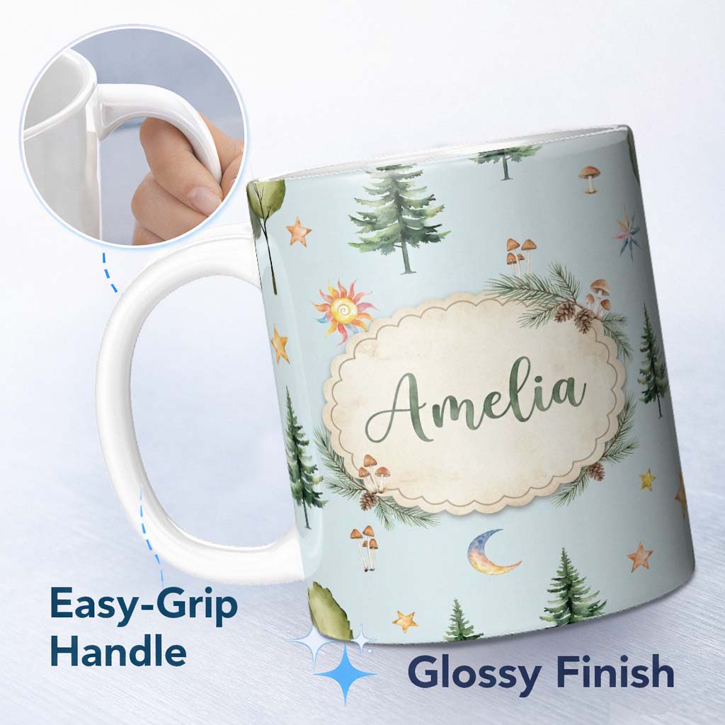 Personalized Custom Name Watercolor Forest Trees Mushrooms Sun Moon Stars Seamless Pattern 11oz Ceramic Coffee Tea Mug White Large Handle