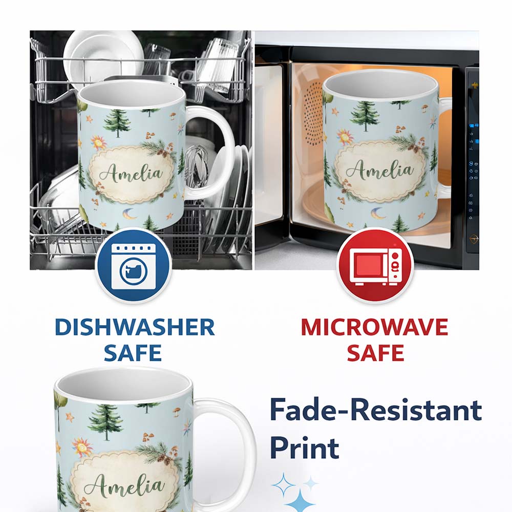 Personalized Custom Name Watercolor Forest Trees Mushrooms Sun Moon Stars Seamless Pattern 11oz Ceramic Coffee Tea Mug White Large Handle