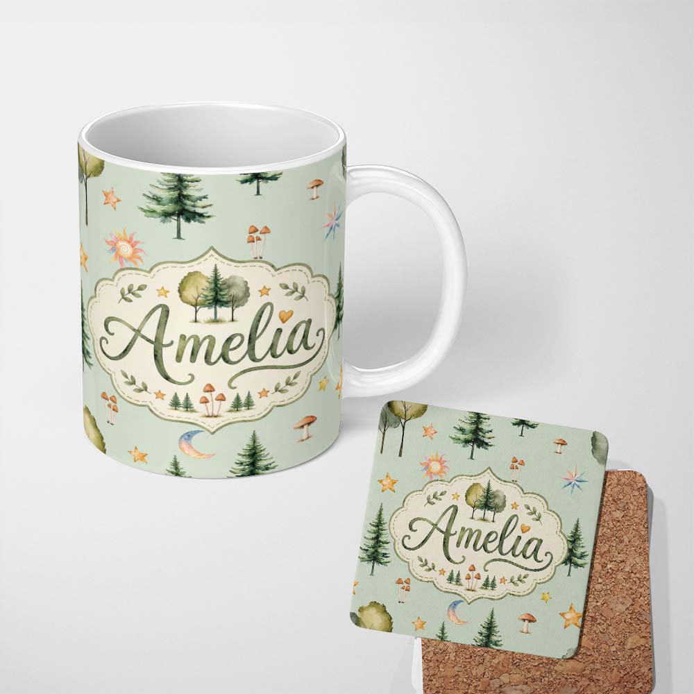 Personalized Custom Name Watercolor Forest Trees Mushrooms Sun Moon Stars Seamless Pattern 11oz Ceramic Coffee Tea Mug White Large Handle
