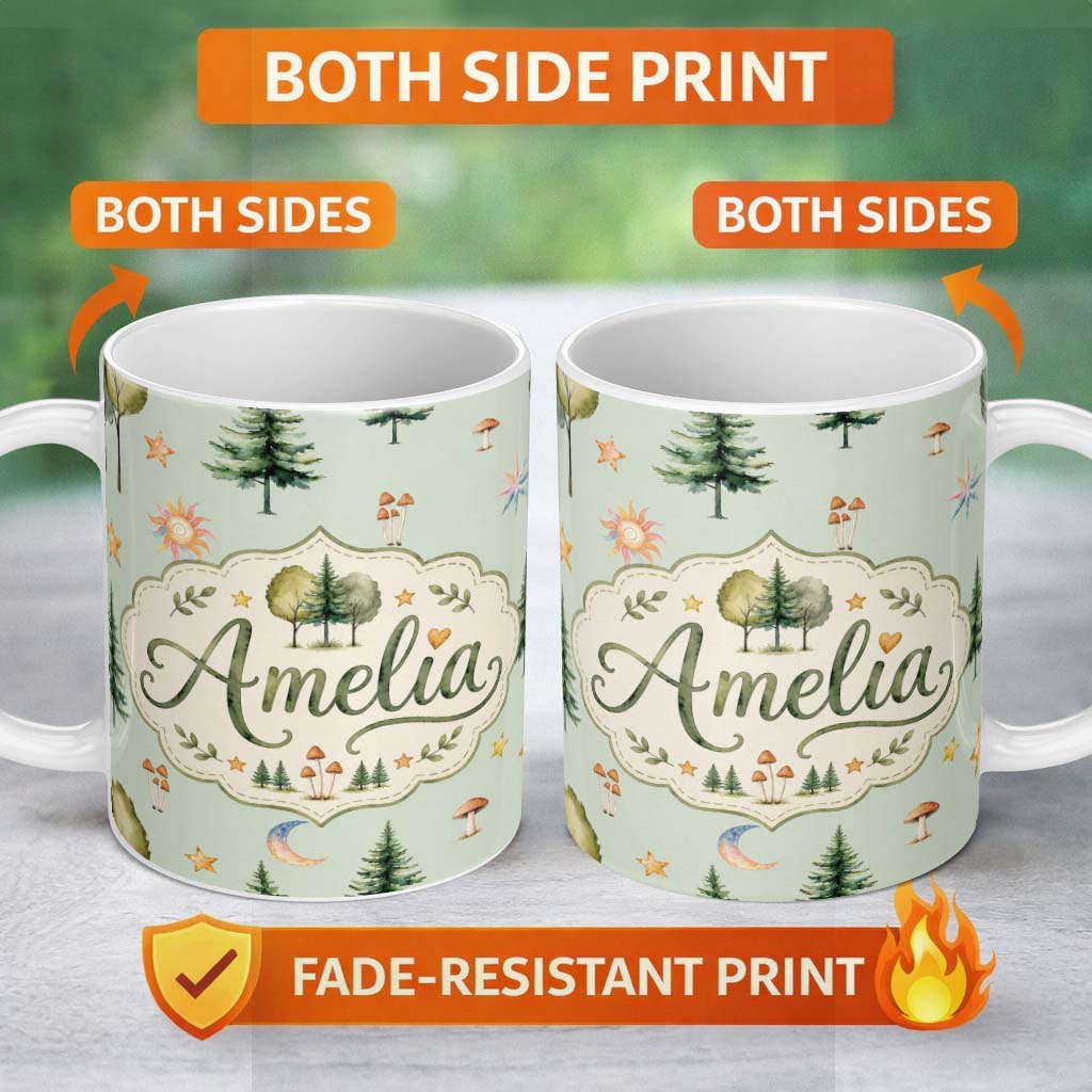 Personalized Custom Name Watercolor Forest Trees Mushrooms Sun Moon Stars Seamless Pattern 11oz Ceramic Coffee Tea Mug White Large Handle