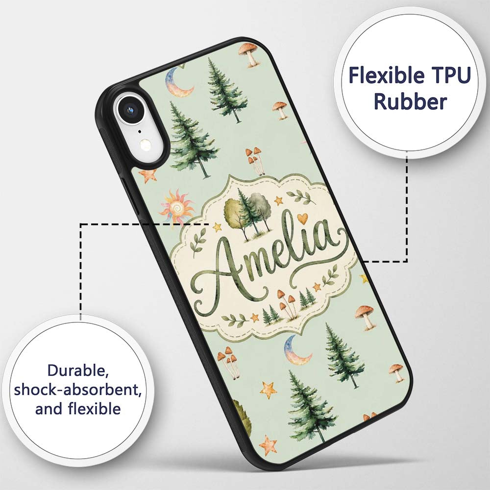 Watercolor Forest Trees Mushrooms Sun Moon Stars Custom Name Protective Phone Case Mobile Cover Durable Everyday Smartphone Shock Resistant