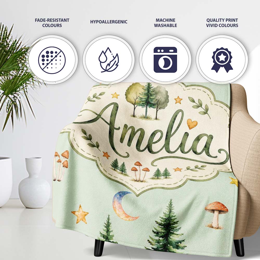 Watercolor Forest Trees Mushrooms Sun Moon Stars Seamless Pattern Personalised Custom Name Super Soft Fleece Blanket Bed Sofa Throw