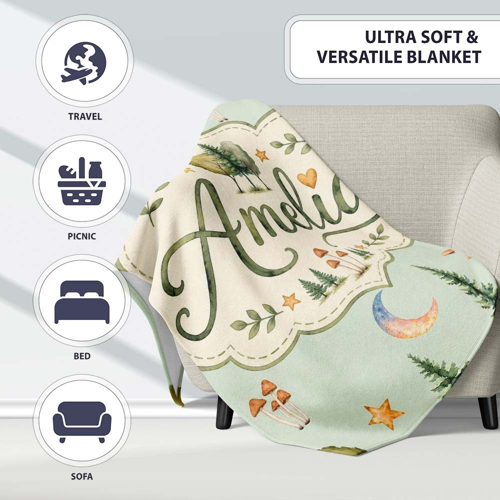 Watercolor Forest Trees Mushrooms Sun Moon Stars Seamless Pattern Personalised Custom Name Super Soft Fleece Blanket Bed Sofa Throw