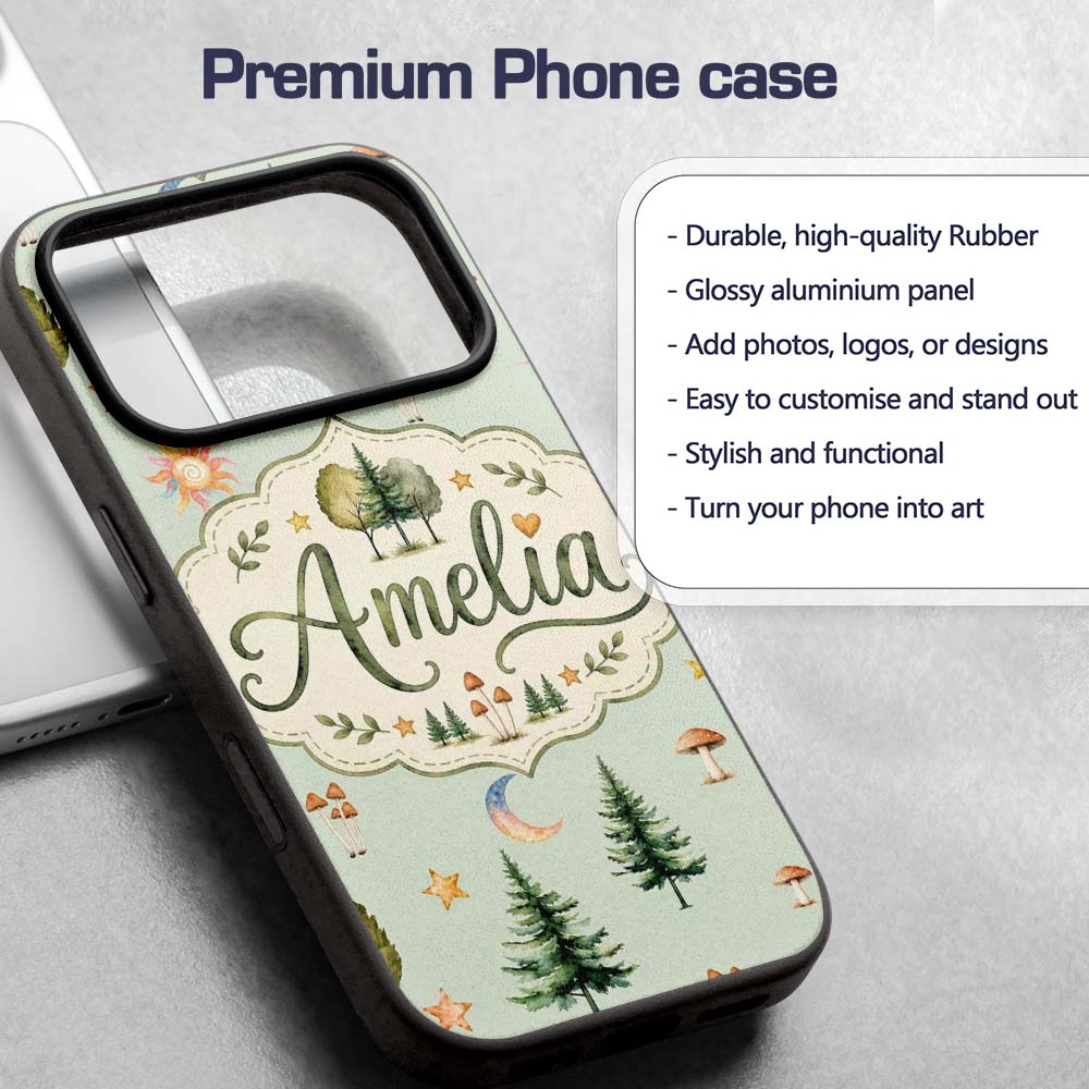 Watercolor Forest Trees Mushrooms Sun Moon Stars Custom Name Protective Phone Case Mobile Cover Durable Everyday Smartphone Shock Resistant