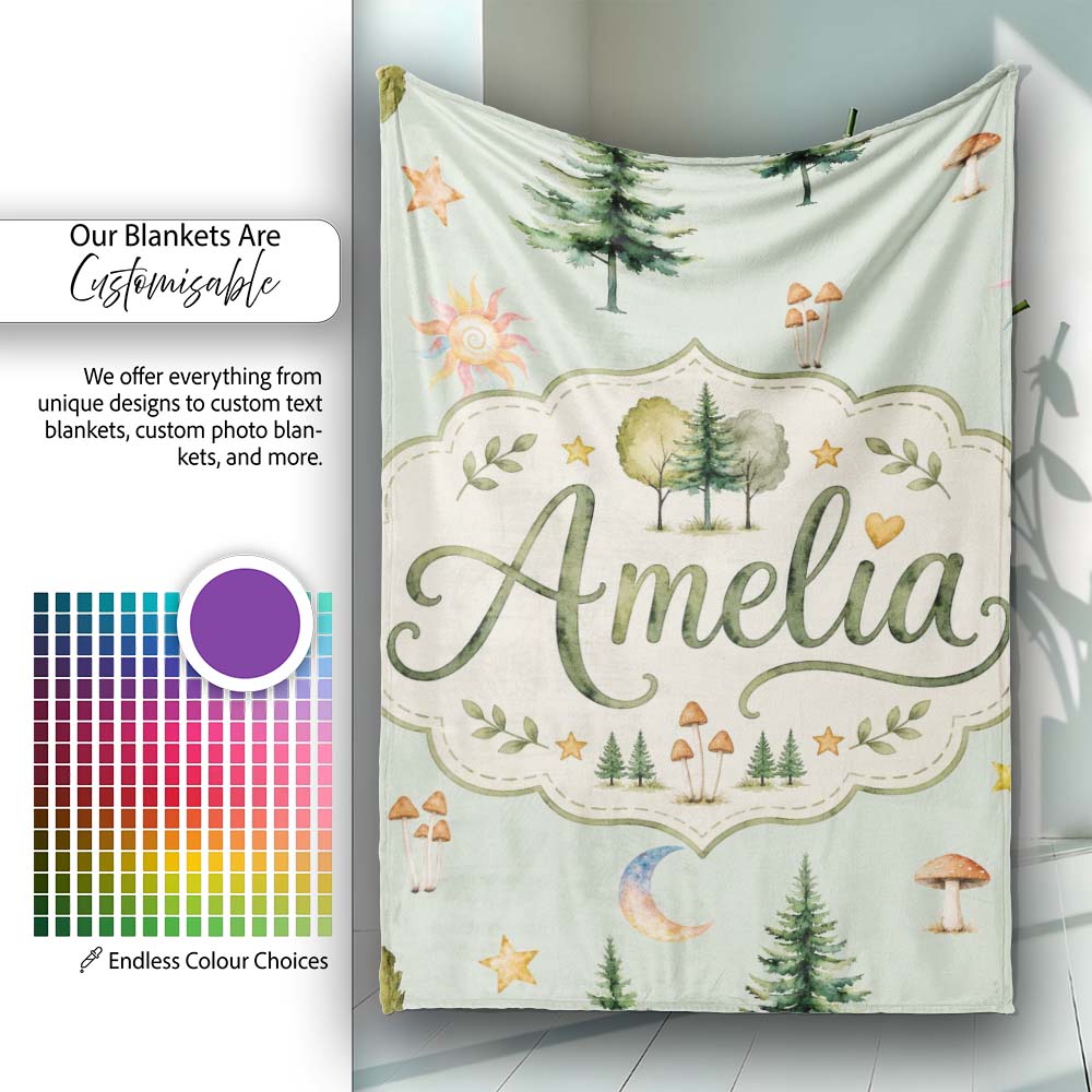 Watercolor Forest Trees Mushrooms Sun Moon Stars Seamless Pattern Personalised Custom Name Super Soft Fleece Blanket Bed Sofa Throw