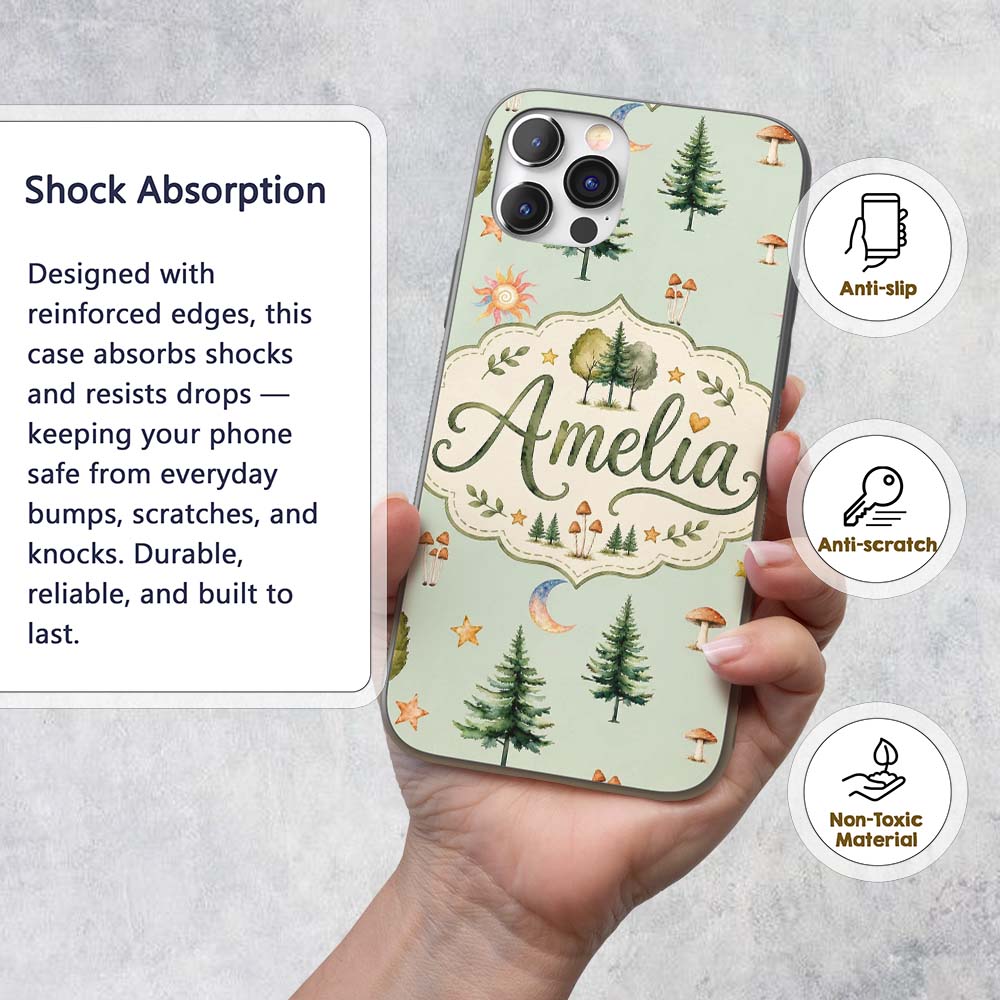 Watercolor Forest Trees Mushrooms Sun Moon Stars Custom Name Protective Phone Case Mobile Cover Durable Everyday Smartphone Shock Resistant