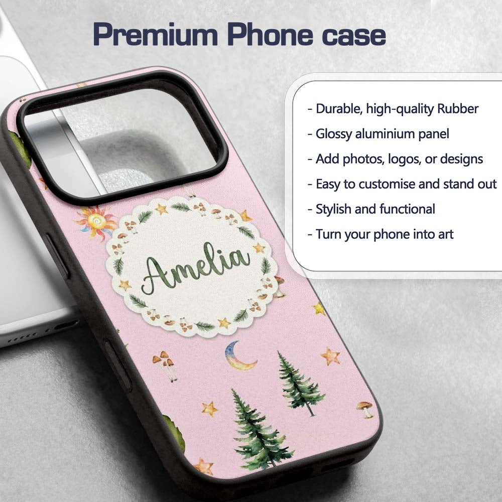 Watercolor Forest Trees Mushrooms Sun Moon Stars Custom Name Protective Phone Case Mobile Cover Durable Everyday Smartphone Shock Resistant