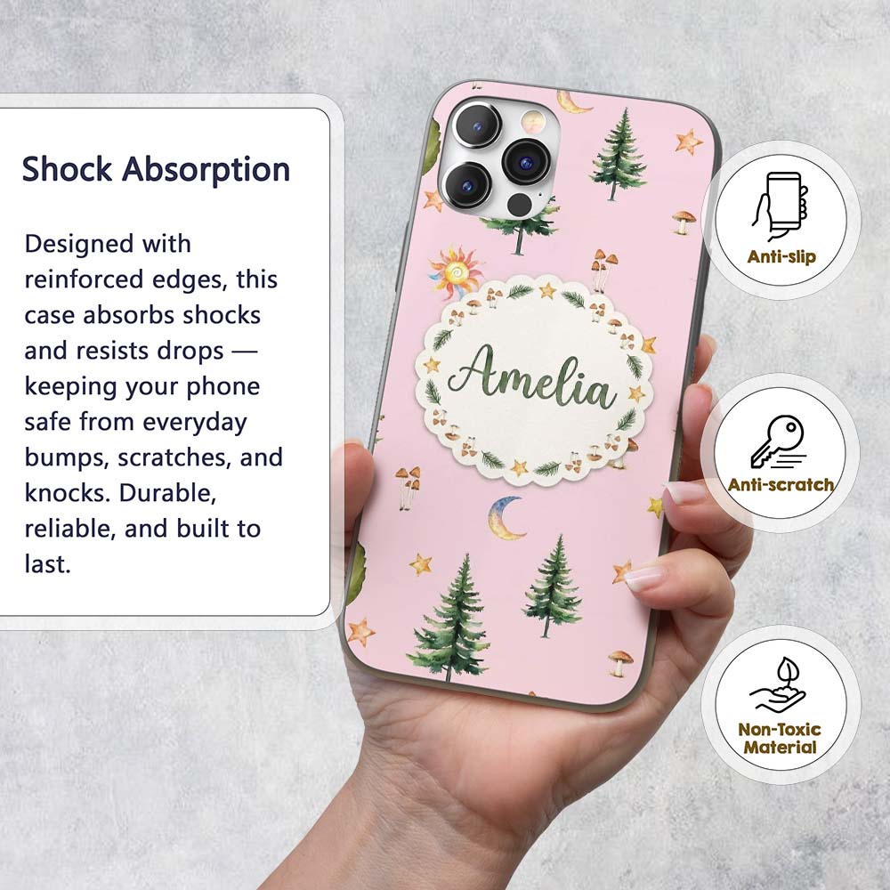 Watercolor Forest Trees Mushrooms Sun Moon Stars Custom Name Protective Phone Case Mobile Cover Durable Everyday Smartphone Shock Resistant