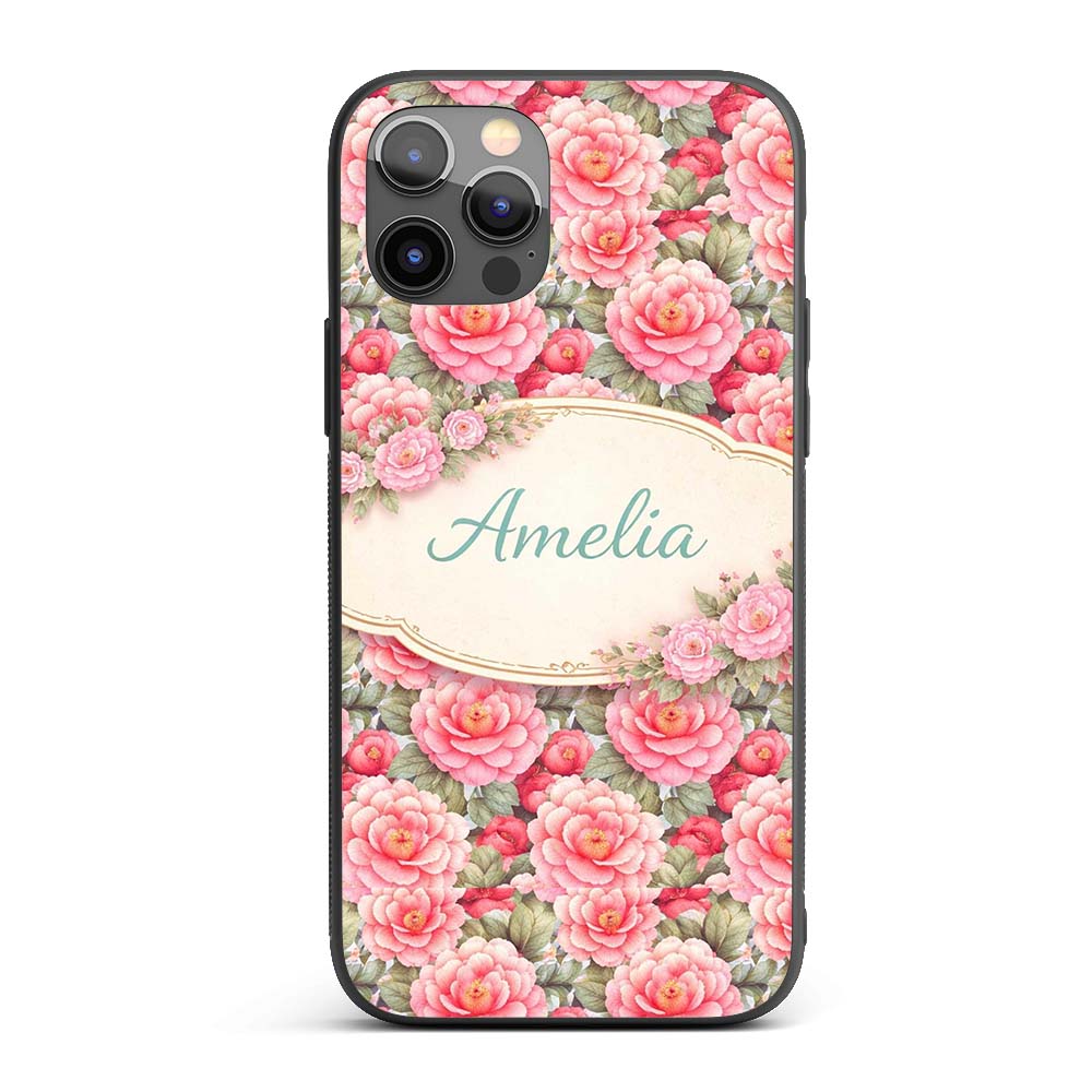 Watercolor Pink Camellia Floral Seamless Pattern Custom Name Protective Phone Case Mobile Cover Durable Everyday Smartphone Shock Resistant