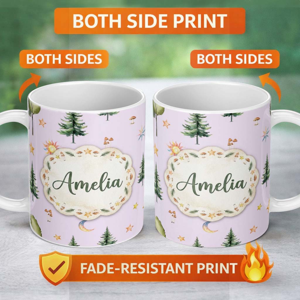 Personalized Custom Name Watercolor Forest Trees Mushrooms Sun Moon Stars Seamless Pattern 11oz Ceramic Coffee Tea Mug White Large Handle
