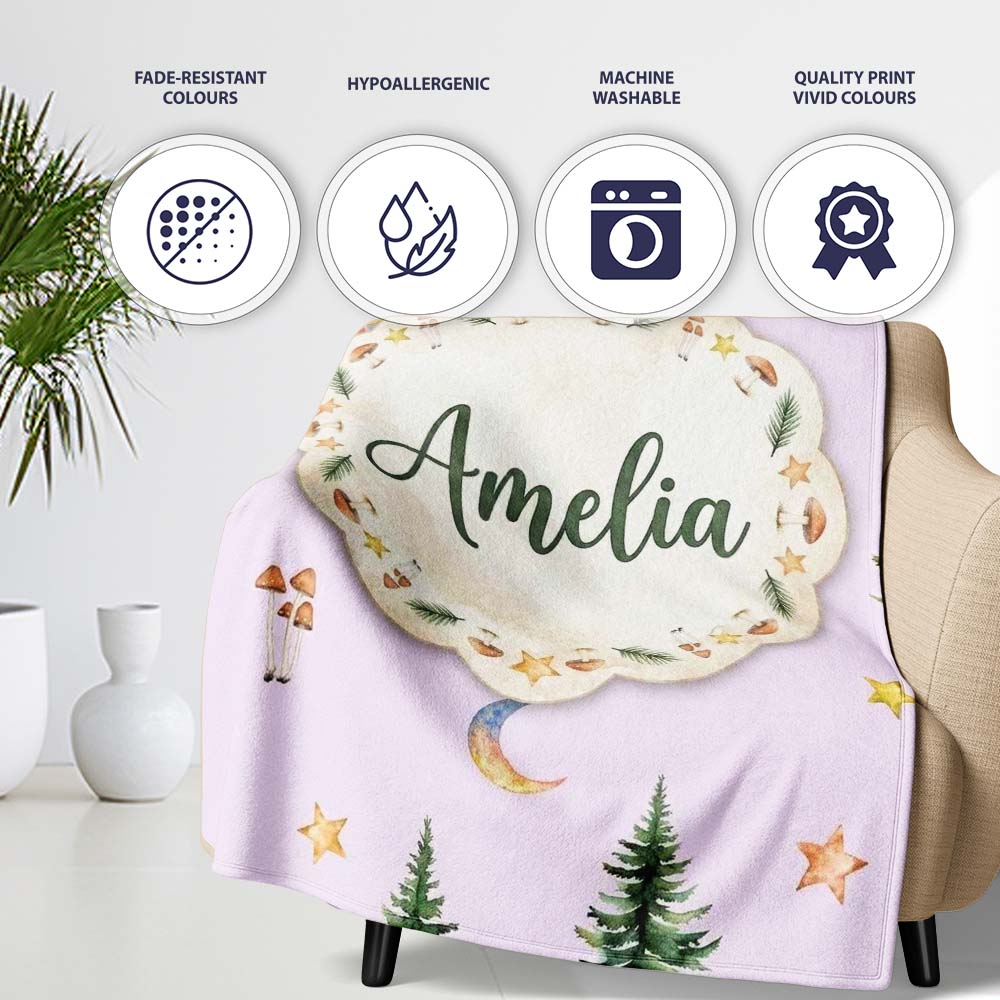 Watercolor Forest Trees Mushrooms Sun Moon Stars Seamless Pattern Personalised Custom Name Super Soft Fleece Blanket Bed Sofa Throw