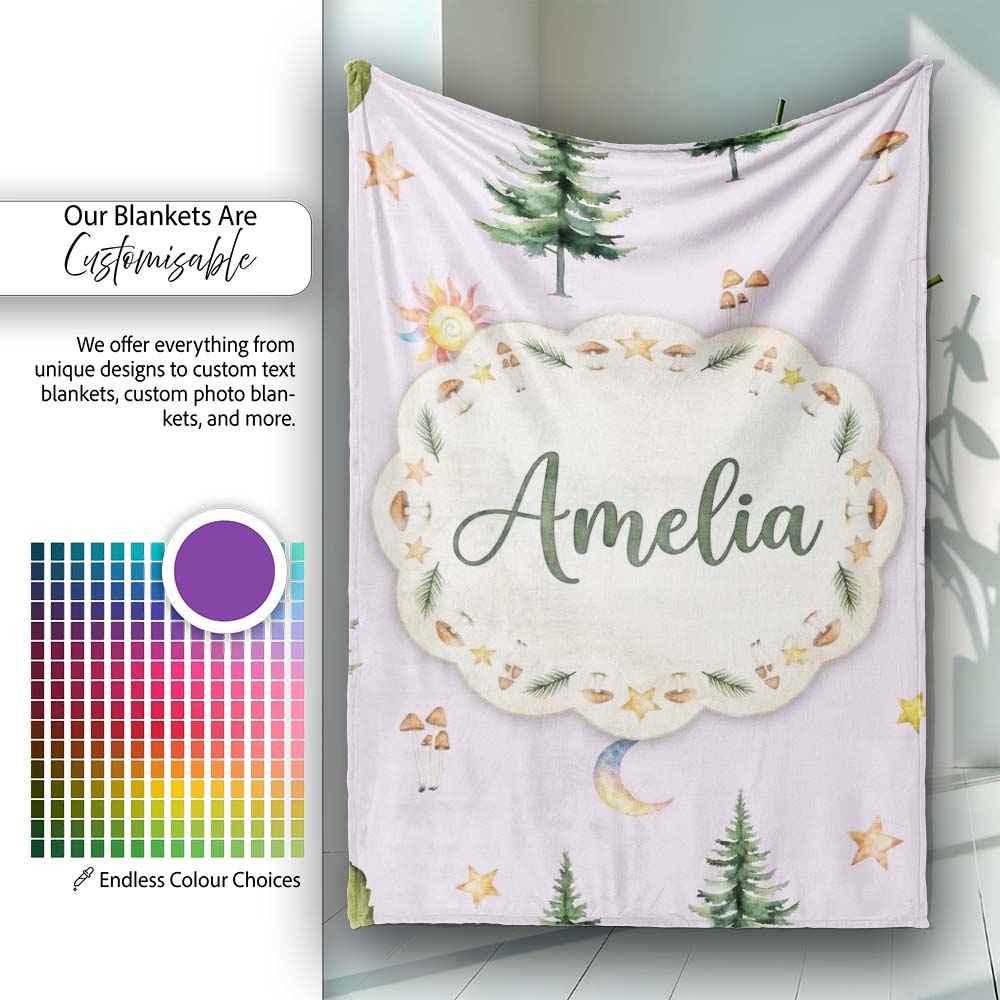 Watercolor Forest Trees Mushrooms Sun Moon Stars Seamless Pattern Personalised Custom Name Super Soft Fleece Blanket Bed Sofa Throw