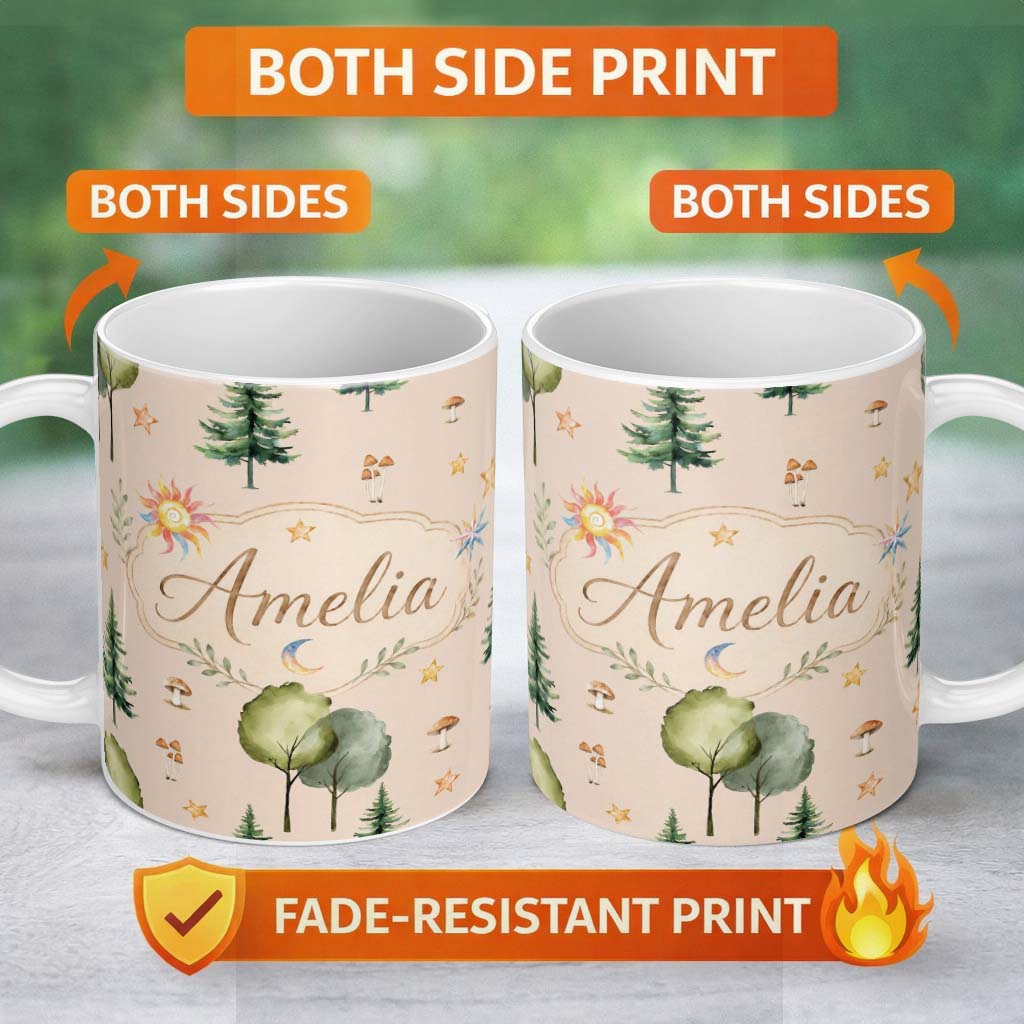 Personalized Custom Name Watercolor Forest Trees Mushrooms Sun Moon Stars Seamless Pattern 11oz Ceramic Coffee Tea Mug White Large Handle