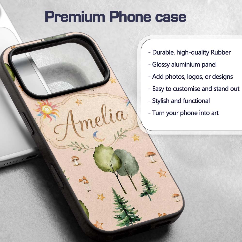 Watercolor Forest Trees Mushrooms Sun Moon Stars Custom Name Protective Phone Case Mobile Cover Durable Everyday Smartphone Shock Resistant
