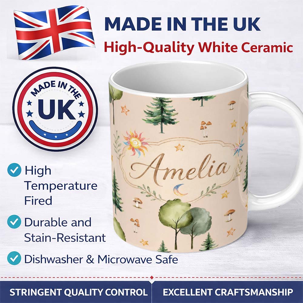 Personalized Custom Name Watercolor Forest Trees Mushrooms Sun Moon Stars Seamless Pattern 11oz Ceramic Coffee Tea Mug White Large Handle