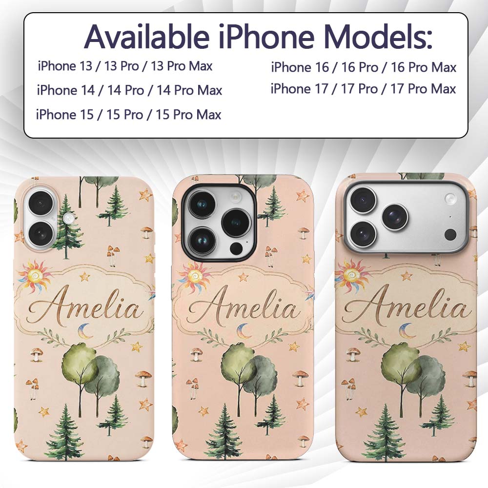 Watercolor Forest Trees Mushrooms Sun Moon Stars Custom Name Protective Phone Case Mobile Cover Durable Everyday Smartphone Shock Resistant