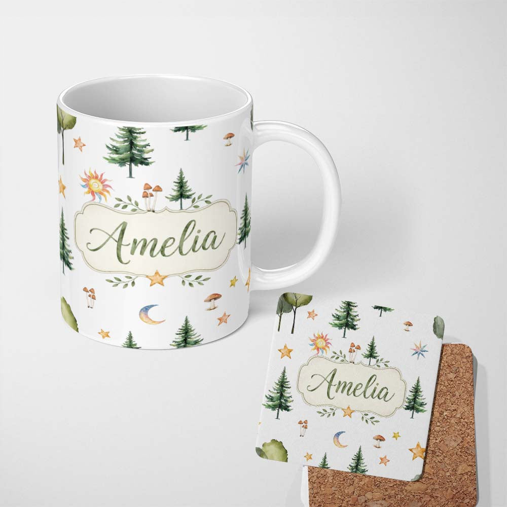 Personalized Custom Name Watercolor Forest Trees Mushrooms Sun Moon Stars Seamless Pattern 11oz Ceramic Coffee Tea Mug White Large Handle