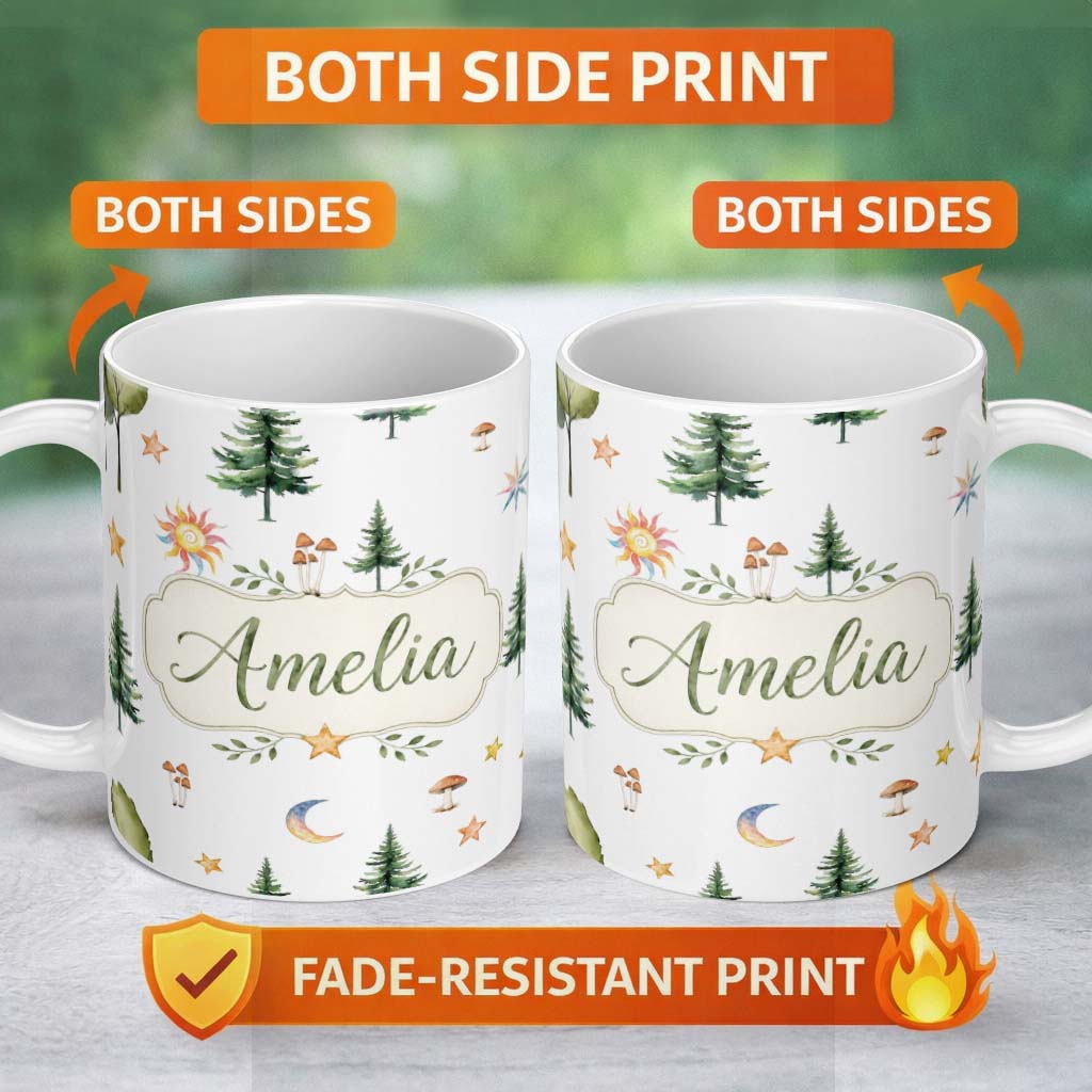 Personalized Custom Name Watercolor Forest Trees Mushrooms Sun Moon Stars Seamless Pattern 11oz Ceramic Coffee Tea Mug White Large Handle
