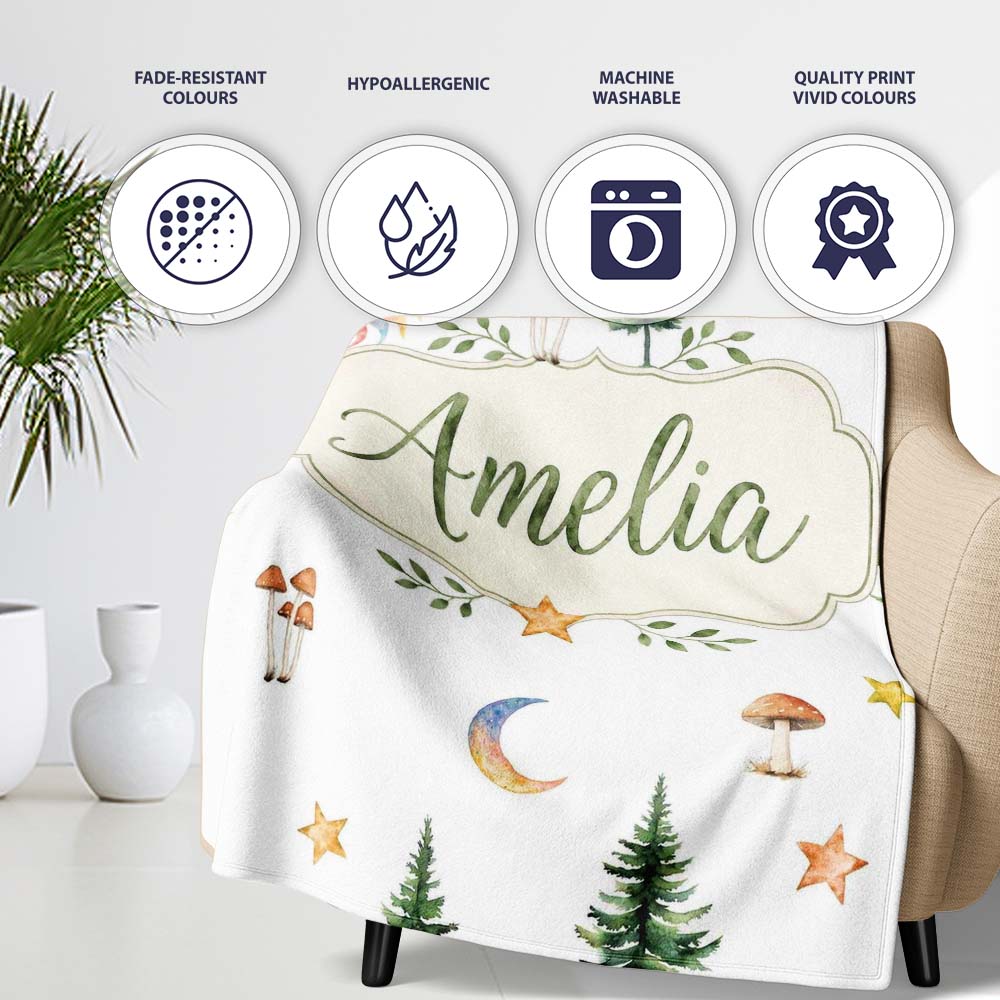 Watercolor Forest Trees Mushrooms Sun Moon Stars Seamless Pattern Personalised Custom Name Super Soft Fleece Blanket Bed Sofa Throw