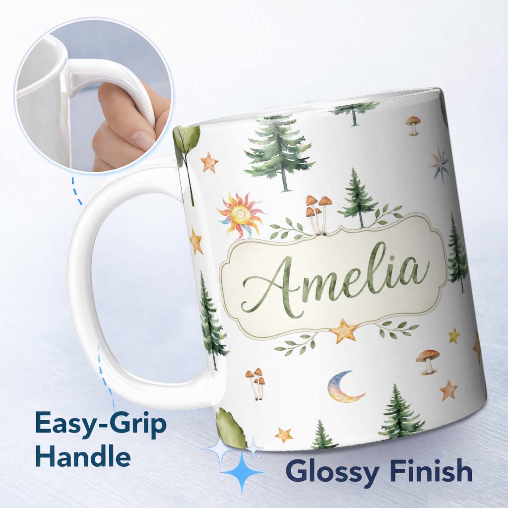 Personalized Custom Name Watercolor Forest Trees Mushrooms Sun Moon Stars Seamless Pattern 11oz Ceramic Coffee Tea Mug White Large Handle