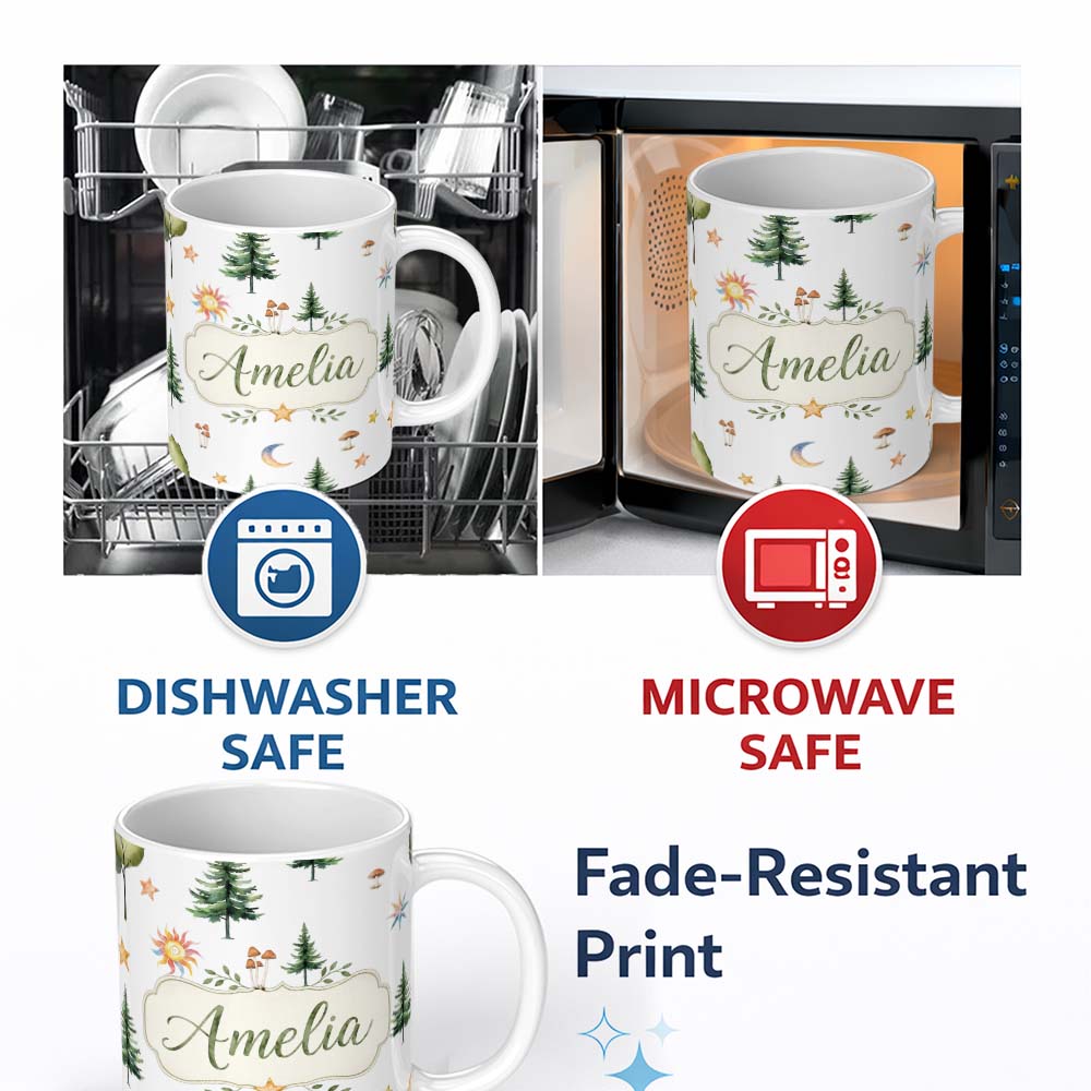 Personalized Custom Name Watercolor Forest Trees Mushrooms Sun Moon Stars Seamless Pattern 11oz Ceramic Coffee Tea Mug White Large Handle