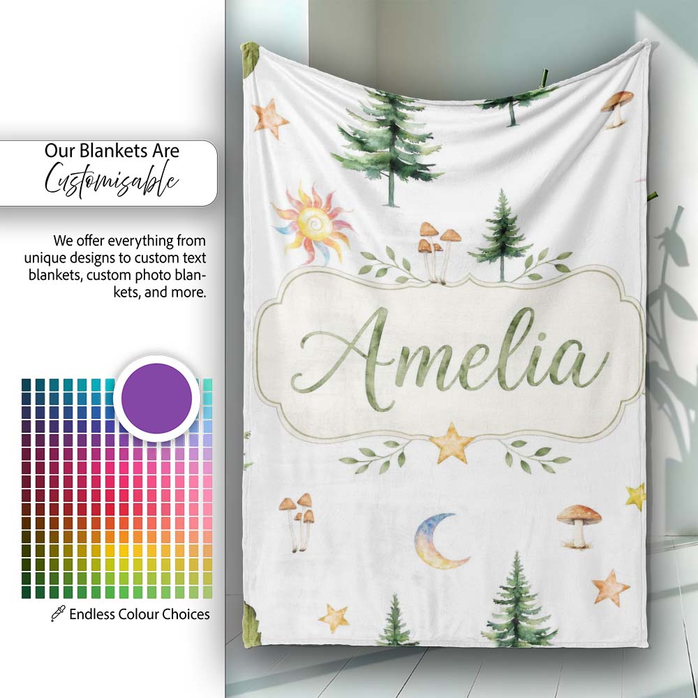 Watercolor Forest Trees Mushrooms Sun Moon Stars Seamless Pattern Personalised Custom Name Super Soft Fleece Blanket Bed Sofa Throw