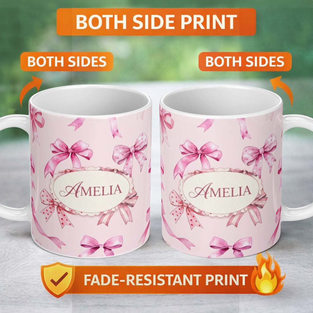 Personalized Custom Name Watercolor Pink Ribbon Bows Soft Blush Background Seamless Pattern 11oz Ceramic Coffee Tea Mug White Large Handle