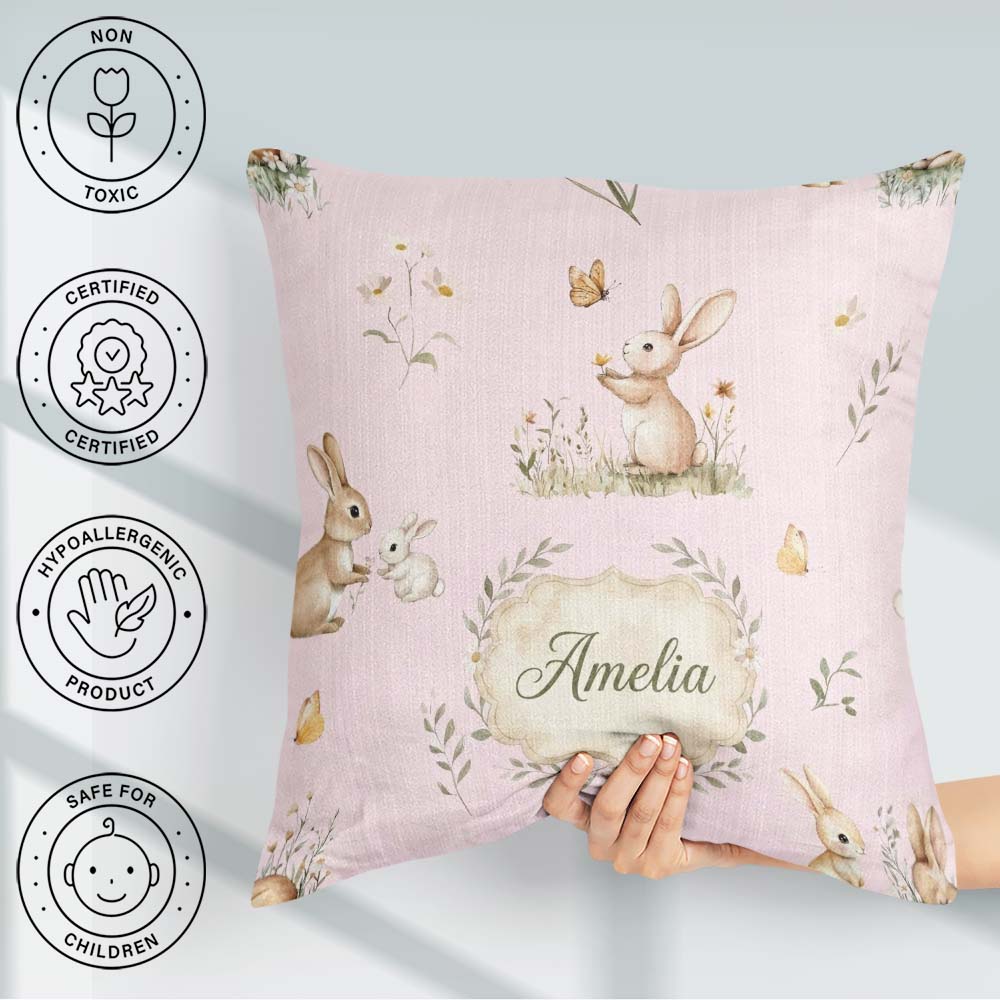 Custom Name Rabbit Butterfly Floral Meadow Seamless Pattern Pink Square Filled Cushion Throw Pillow Sofa Bed Home Decor Zip Washable UK Made