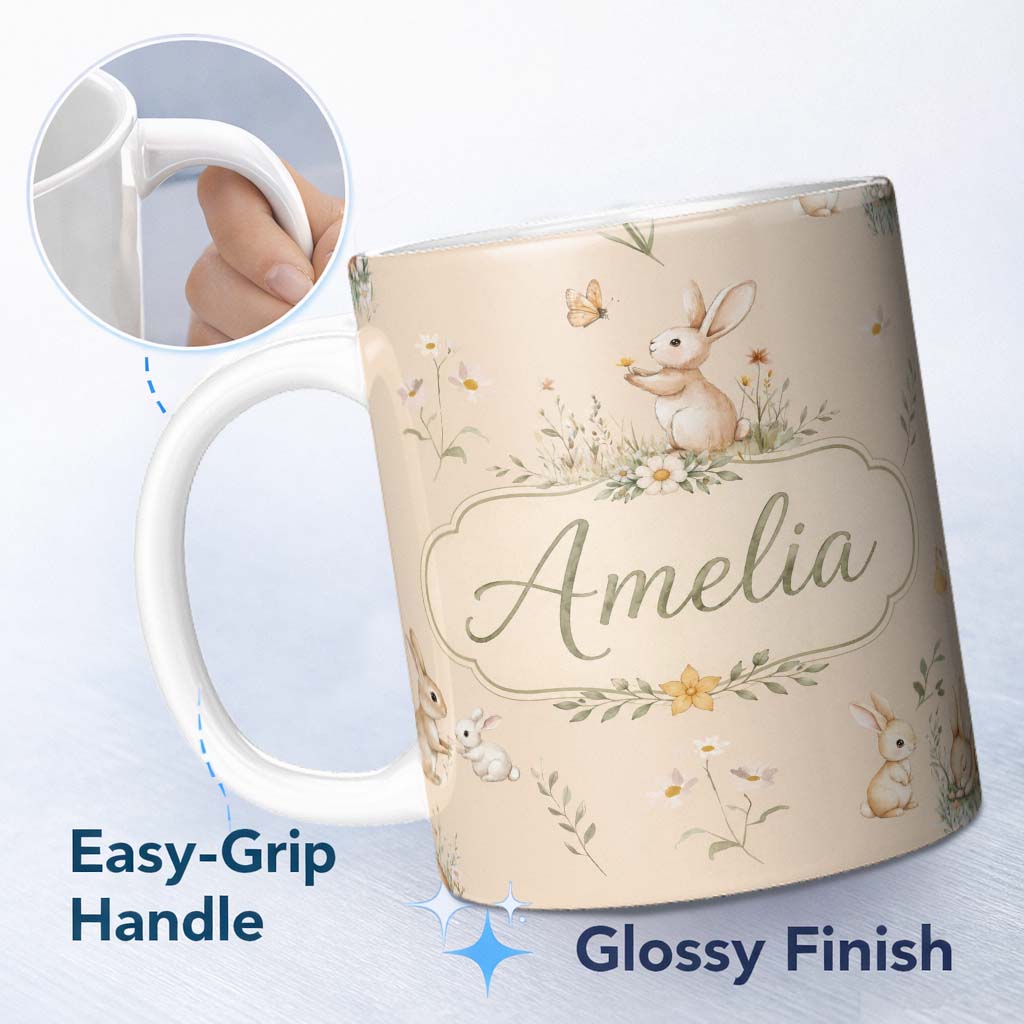 Personalized Custom Name Cute Bunny Rabbit Butterfly Floral Meadow Seamless Pattern Beige 11oz Ceramic Coffee Tea Mug White Large Handle