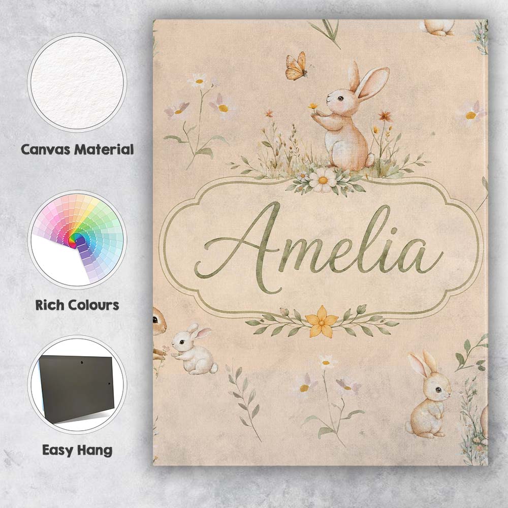 Personalised Name Cute Bunny Rabbit Butterfly Custom Unique Gift Idea Modern Room Accent Canvas Wall Art Print Decor Picture Ready to Hang