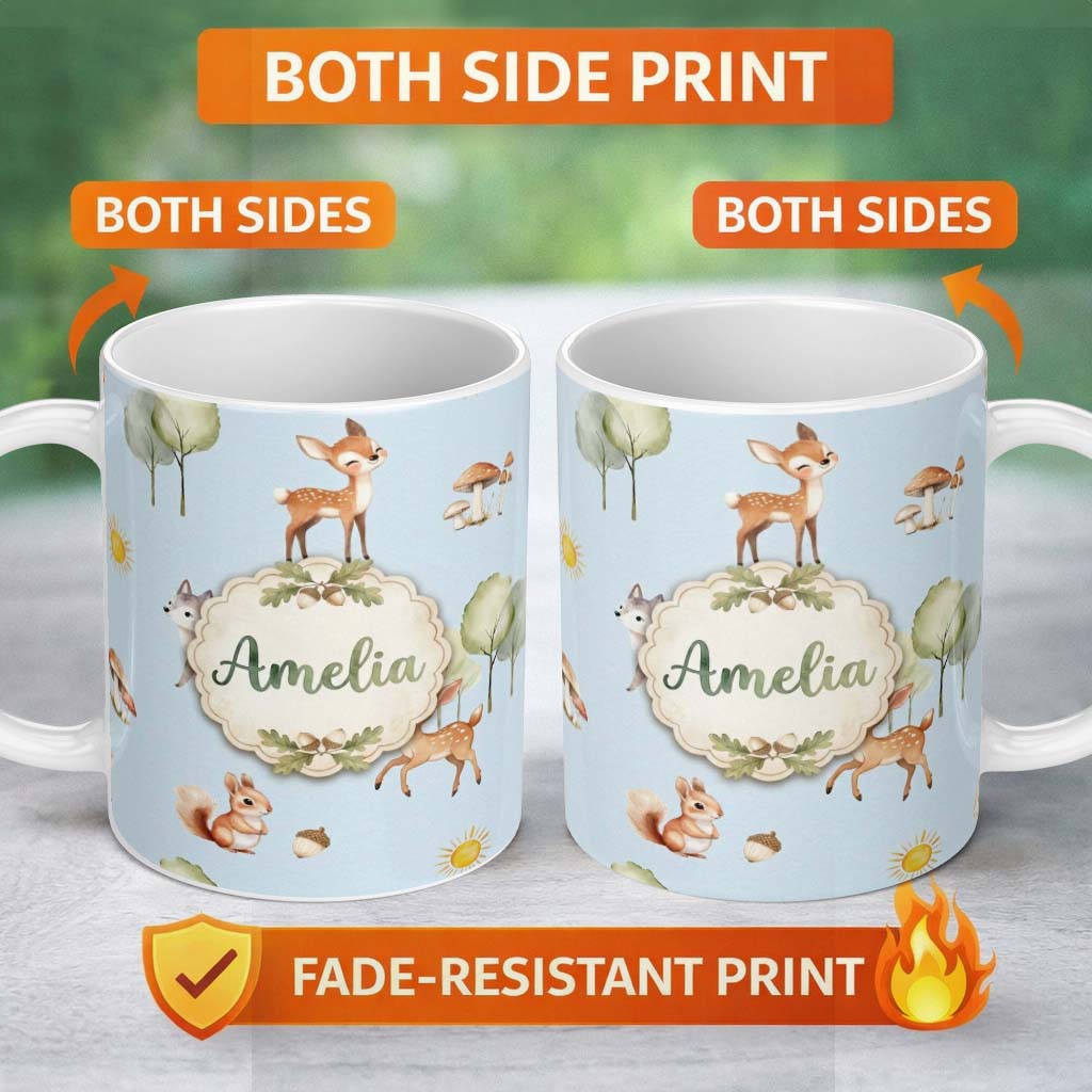 Personalized Custom Name Woodland Deer Fox Squirrel Mushroom Forest Seamless Pattern Blue 11oz Ceramic Coffee Tea Mug White Large Handle
