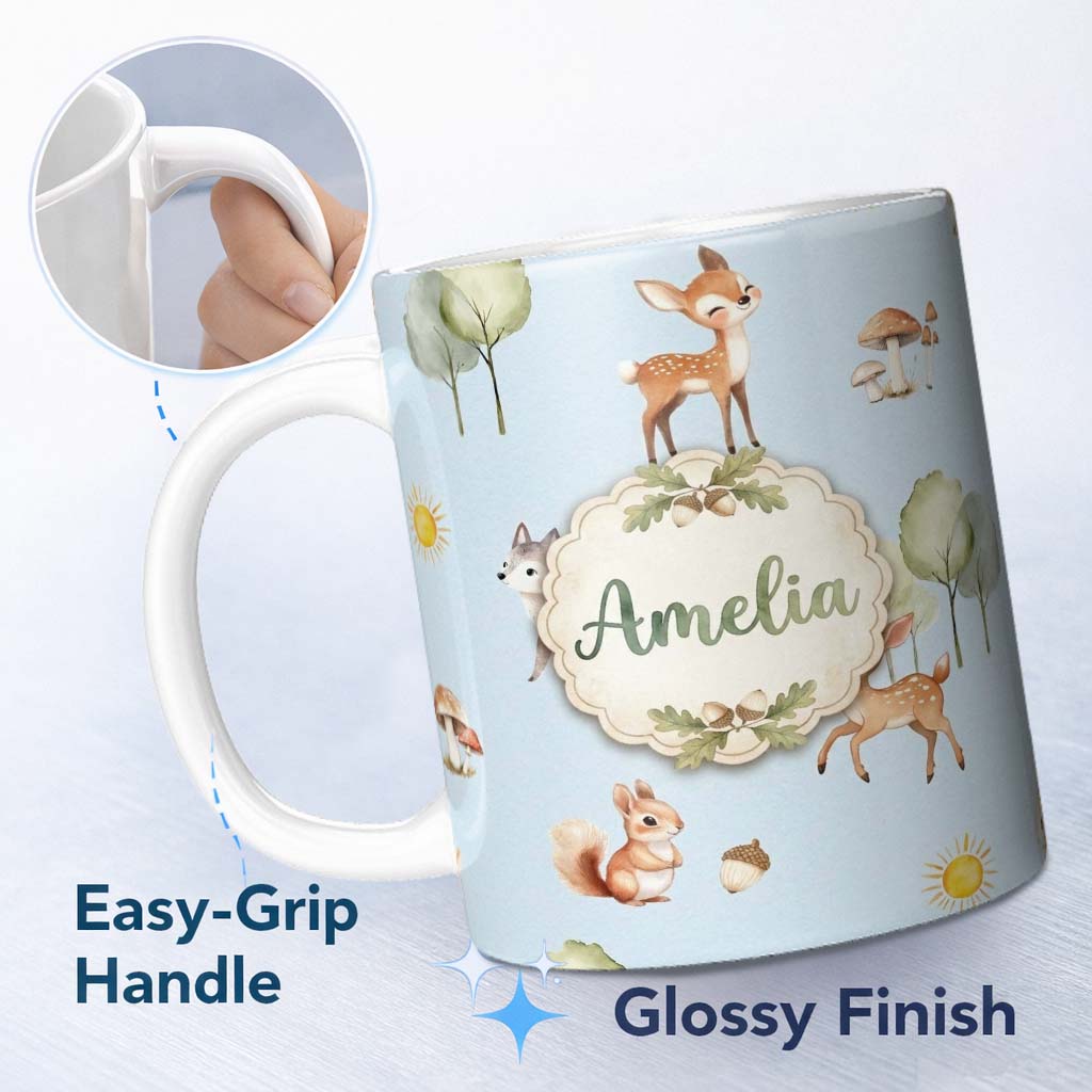 Personalized Custom Name Woodland Deer Fox Squirrel Mushroom Forest Seamless Pattern Blue 11oz Ceramic Coffee Tea Mug White Large Handle