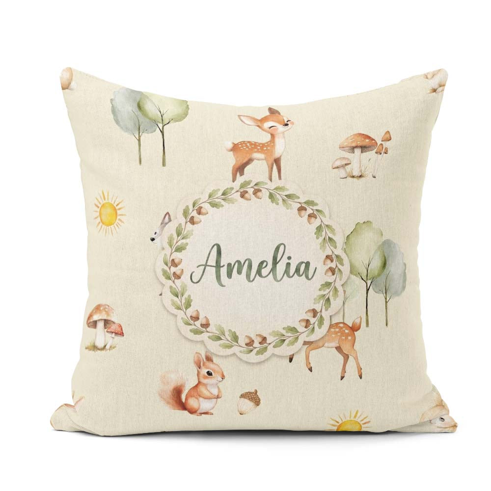 Custom Name Woodland Deer Fox Squirrel Mushroom Seamless Pattern Square Filled Cushion Throw Pillow Sofa Bed Home Decor Zip Washable UK Made