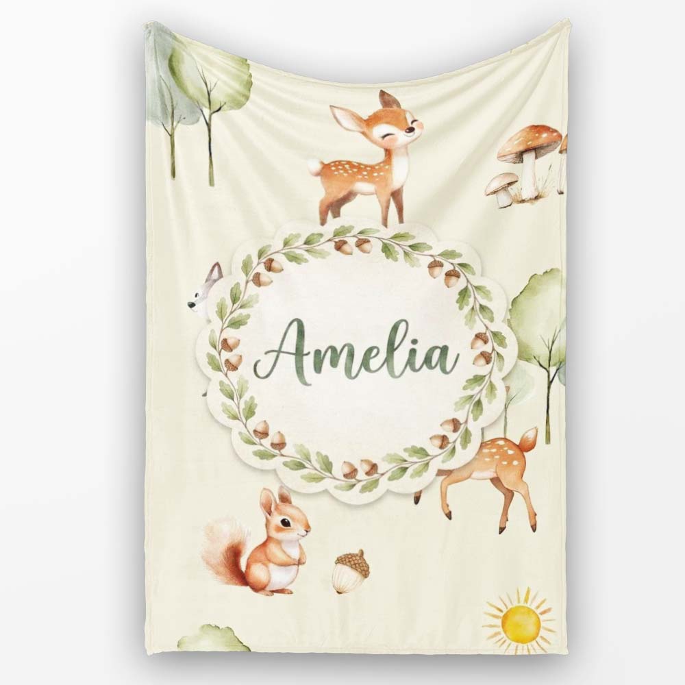 Woodland Deer Fox Squirrel Mushroom Forest Seamless Pattern Cream Personalised Custom Name Super Soft Fleece Blanket Bed Sofa Throw